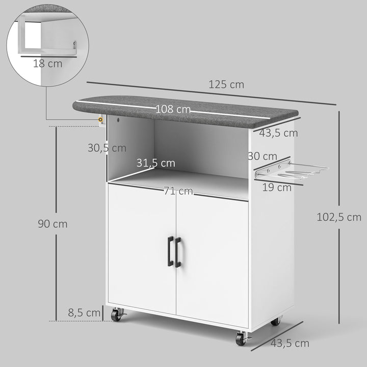 Móvel de Engomar a Ferro com Rodas Móvel de Passar a Ferro com Barra para Pendurar Roupa Estante Aberto e Tábua de Passar 125x43,5x102,5 cm Branco