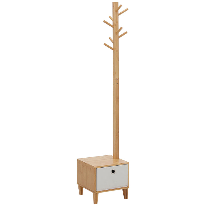 Cabide de Pé de Bambu com Banco Gaveta de Tecido e 8 Ganchos para Pendurar Roupa Bolsas Casacos para Entrada Sala de Estar Corredor 35x35x177cm Natural