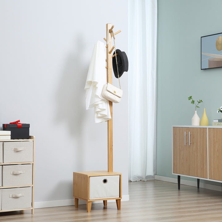 Cabide de Pé de Bambu com Banco Gaveta de Tecido e 8 Ganchos para Pendurar Roupa Bolsas Casacos para Entrada Sala de Estar Corredor 35x35x177cm Natural