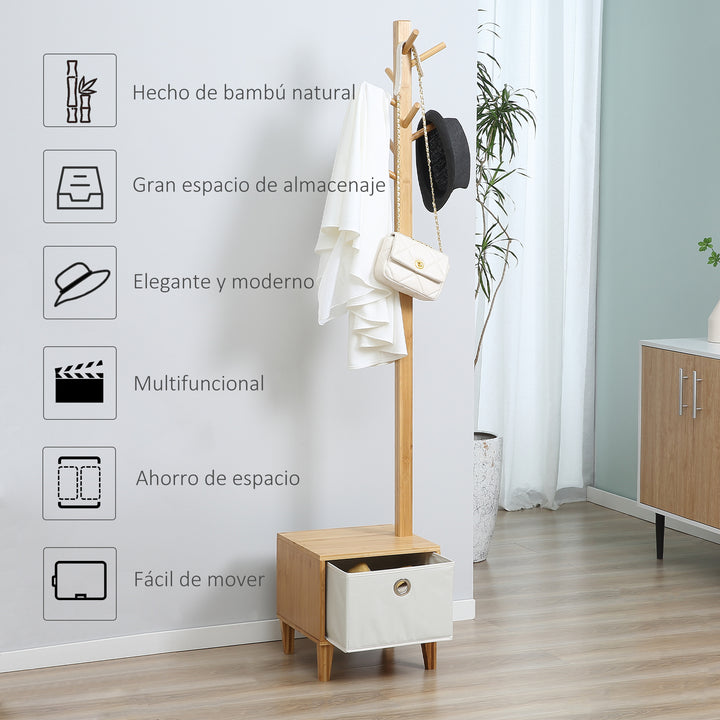 Cabide de Pé de Bambu com Banco Gaveta de Tecido e 8 Ganchos para Pendurar Roupa Bolsas Casacos para Entrada Sala de Estar Corredor 35x35x177cm Natural