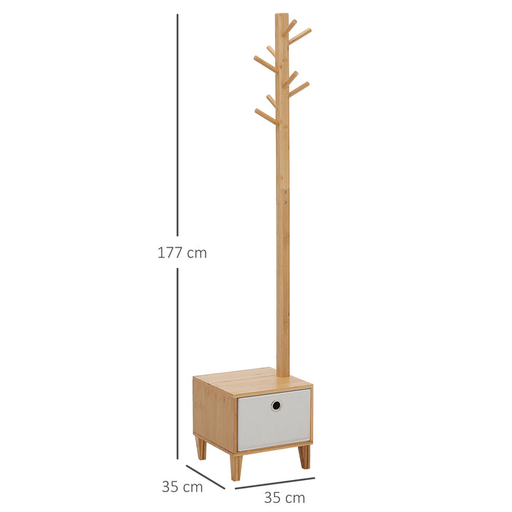 Cabide de Pé de Bambu com Banco Gaveta de Tecido e 8 Ganchos para Pendurar Roupa Bolsas Casacos para Entrada Sala de Estar Corredor 35x35x177cm Natural
