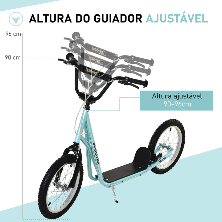 Trotinete para Crianças acima de 5 Anos e Adolescentes com Guiador Ajustável em Altura 2 Pneus de Borracha Insufláveis com Travagem Dupla e Rodas 16" Carga 100 kg 139x58x90-96 cm Azul