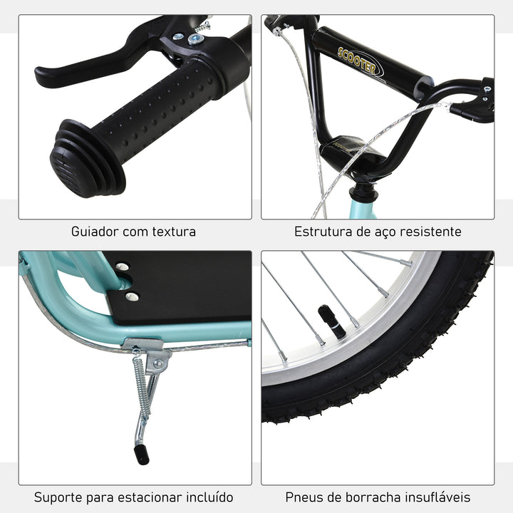 Trotinete para Crianças acima de 5 Anos e Adolescentes com Guiador Ajustável em Altura 2 Pneus de Borracha Insufláveis com Travagem Dupla e Rodas 16" Carga 100 kg 139x58x90-96 cm Azul