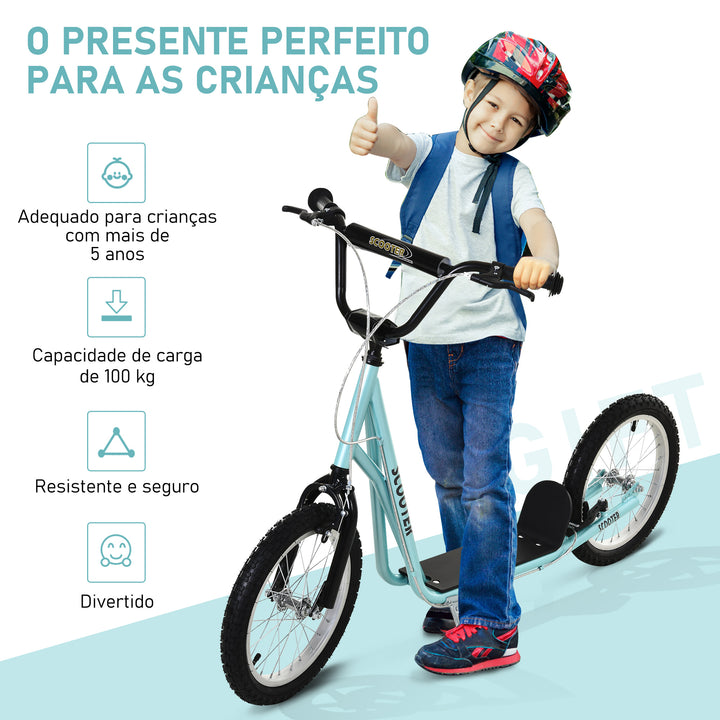 Trotinete para Crianças acima de 5 Anos e Adolescentes com Guiador Ajustável em Altura 2 Pneus de Borracha Insufláveis com Travagem Dupla e Rodas 16" Carga 100 kg 139x58x90-96 cm Azul