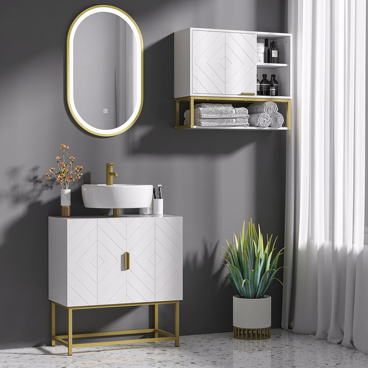 Móvel para Lavatório Pousar Armário para Casa de Banho Moderno com 2 Portas e Pés de Aço 60x30x65 cm Branco e Dourado