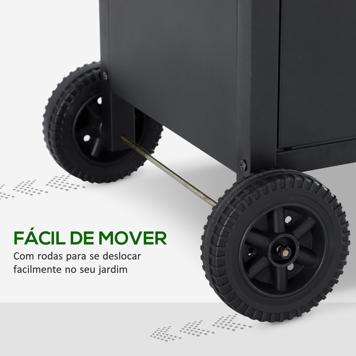 Churrasqueira à Gás com 4+1 Queimadores 14,4KW Mesas Laterais Armário de Armazenamento Termômetro e 2 Rodas Aço Inoxidável 125x51x100cm Preto