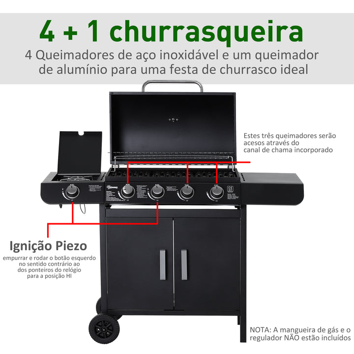Churrasqueira à Gás com 4+1 Queimadores 14,4KW Mesas Laterais Armário de Armazenamento Termômetro e 2 Rodas Aço Inoxidável 125x51x100cm Preto