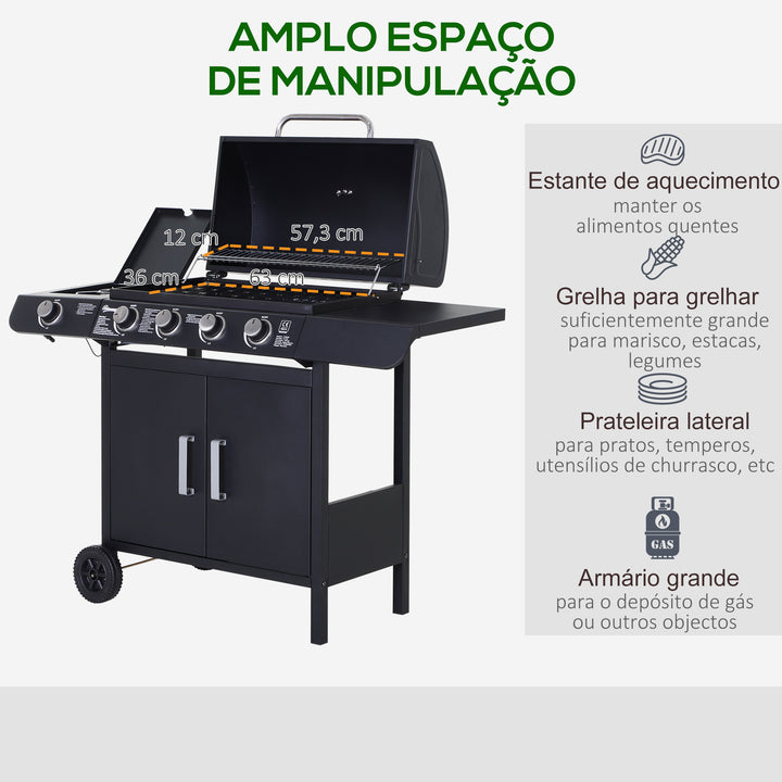 Churrasqueira à Gás com 4+1 Queimadores 14,4KW Mesas Laterais Armário de Armazenamento Termômetro e 2 Rodas Aço Inoxidável 125x51x100cm Preto
