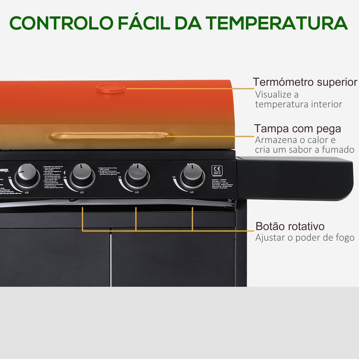 Churrasqueira à Gás com 4+1 Queimadores 14,4KW Mesas Laterais Armário de Armazenamento Termômetro e 2 Rodas Aço Inoxidável 125x51x100cm Preto
