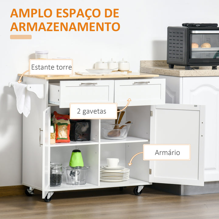 Carrinho de Cozinha com Rodas Móvel Auxiliar de Cozinha com 2 Gavetas 2 Portas Prateleira Ajustável e Suporte para Guardanapos para Sala de Jantar Sala de Estar 104x46x91 cm Branco