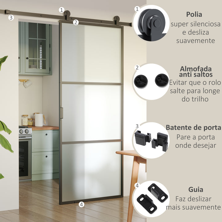 Ferragem para Porta de Correr 200cm Kit de Acessórios para Porta Corredeira com 2 Trilhos de Aço de Carbono Carga Máxima 100kg 200x40x0,6cm Preto