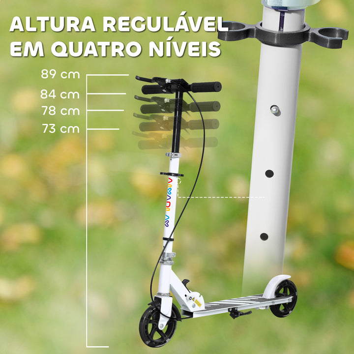 Trotinete Dobrável para Crianças de 3-8 Anos Trotinete Infantil de 2 Rodas com Luzes LED Guiador com 4 Alturas Ajustáveis Travão Traseiro e de Mão 73x36x73-89 cm Branco