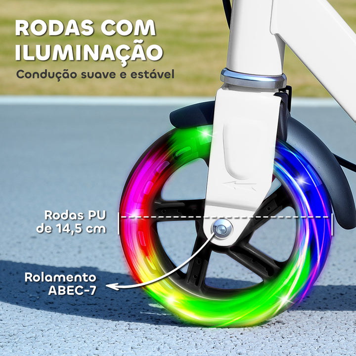 Trotinete Dobrável para Crianças de 3-8 Anos Trotinete Infantil de 2 Rodas com Luzes LED Guiador com 4 Alturas Ajustáveis Travão Traseiro e de Mão 73x36x73-89 cm Branco