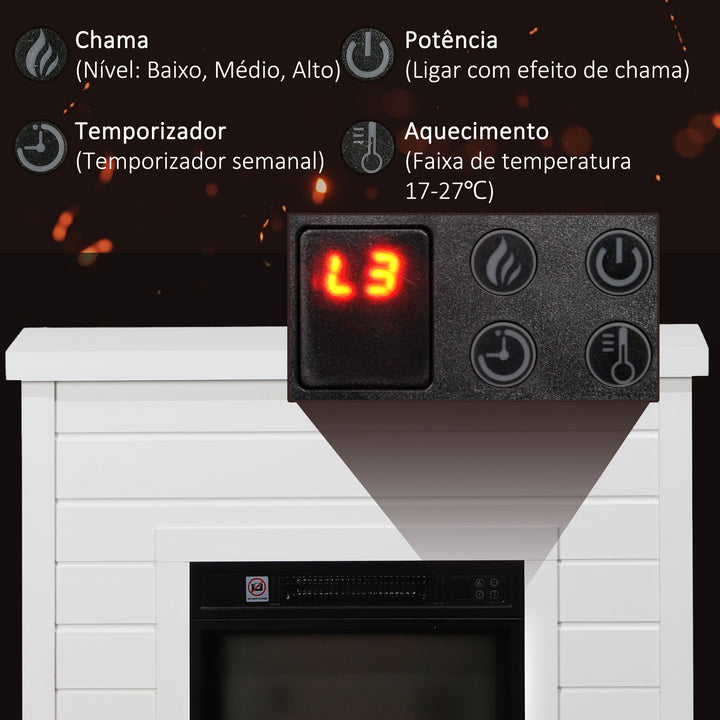 Lareira Elétrica 1800W Lareira Decorativa com Efeito de Chama Realista Controlo Remoto Temporizador Semanal Proteção Contra Sobreaquecimento para Ambientes de 30 m² 96,5x22x81,7 cm Branco
