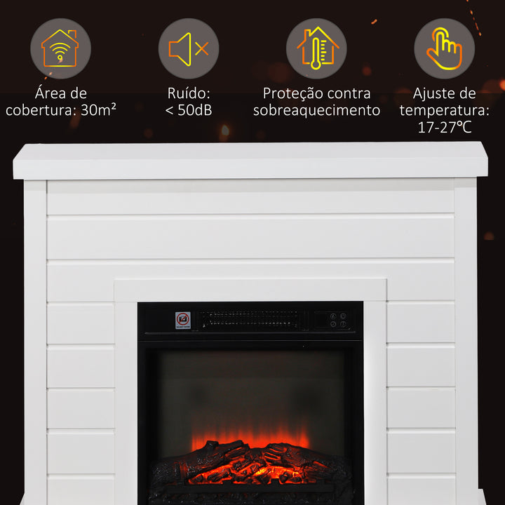 Lareira Elétrica 1800W Lareira Decorativa com Efeito de Chama Realista Controlo Remoto Temporizador Semanal Proteção Contra Sobreaquecimento para Ambientes de 30 m² 96,5x22x81,7 cm Branco