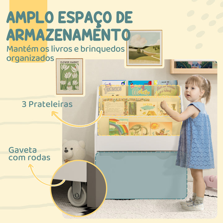 Estante de Brinquedos com 3 Compartimentos Estante Infantil para Brinquedos com Gaveta com Rodas Multifuncional para Quarto Sala de Jogos 62,5x30x70 cm Branco