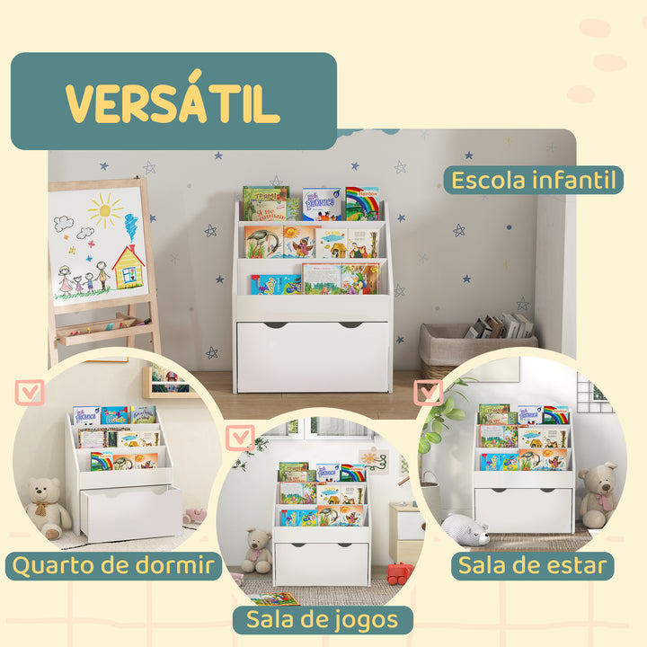 Estante de Brinquedos com 3 Compartimentos Estante Infantil para Brinquedos com Gaveta com Rodas Multifuncional para Quarto Sala de Jogos 62,5x30x70 cm Branco