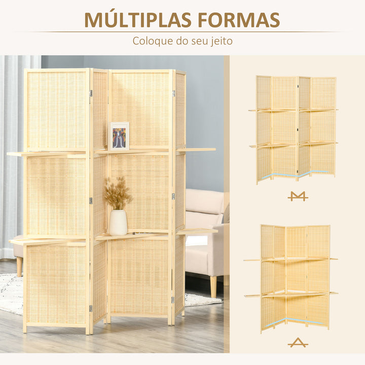 Biombo de 4 Painéis de Bambu Separador de Ambientes Dobrável com 2 Prateleiras Removíveis para Dormitório 180x180 cm Madeira