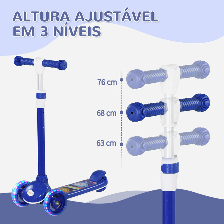 Trotinete para Crianças de 2-6 Anos Trotinete Infantil Dobrável Trotinete com 3 Rodas LED Altura Ajustável Carga 25 kg 52x29x63-76 cm Azul