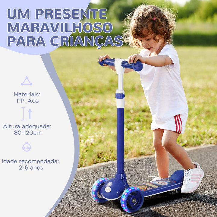 Trotinete para Crianças de 2-6 Anos Trotinete Infantil Dobrável Trotinete com 3 Rodas LED Altura Ajustável Carga 25 kg 52x29x63-76 cm Azul