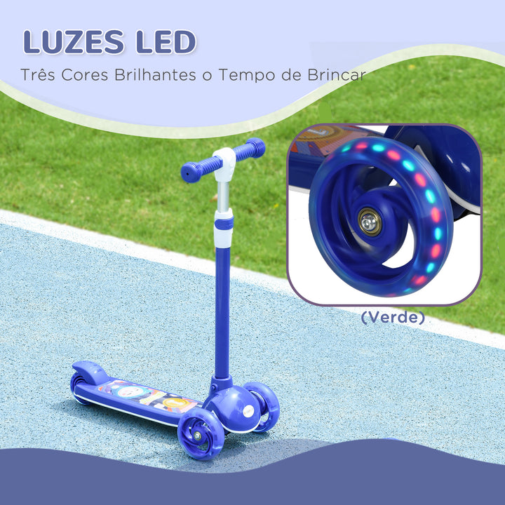 Trotinete para Crianças de 2-6 Anos Trotinete Infantil Dobrável Trotinete com 3 Rodas LED Altura Ajustável Carga 25 kg 52x29x63-76 cm Azul