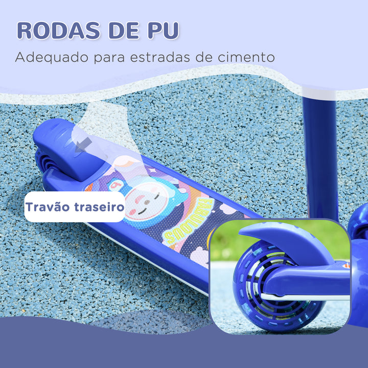 Trotinete para Crianças de 2-6 Anos Trotinete Infantil Dobrável Trotinete com 3 Rodas LED Altura Ajustável Carga 25 kg 52x29x63-76 cm Azul