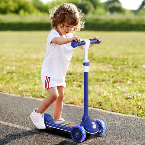 Trotinete para Crianças de 2-6 Anos Trotinete Infantil Dobrável Trotinete com 3 Rodas LED Altura Ajustável Carga 25 kg 52x29x63-76 cm Azul
