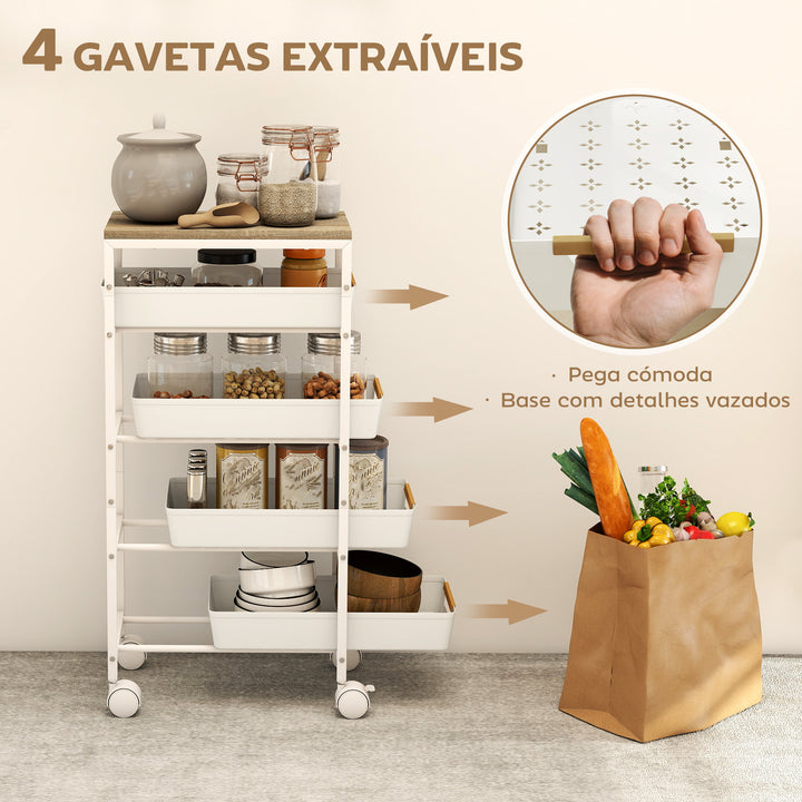 Carrinho de Cozinha de Armazenamento de 5 Níveis Carrinho Auxiliar com Rodas Bancada com Efeito Madeira e 4 Gavetas Removíveis Carrinho de Cozinha 39,5x24x82 cm Branco