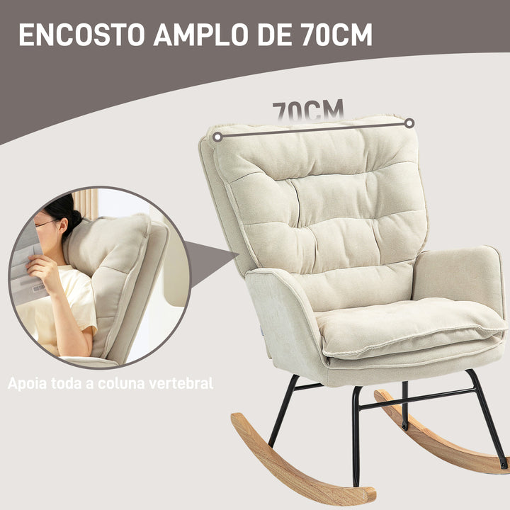 Poltrona Baloiço Estofada em Chenilla Cadeira Baloiço com Pés de Madeira de Faia e Apoio para os Braços para Lactância Carga 120 kg para Dormitório Sala de Estar 71x98,5x97 cm Bege