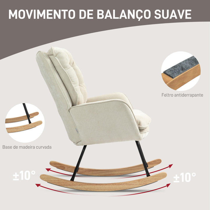 Poltrona Baloiço Estofada em Chenilla Cadeira Baloiço com Pés de Madeira de Faia e Apoio para os Braços para Lactância Carga 120 kg para Dormitório Sala de Estar 71x98,5x97 cm Bege