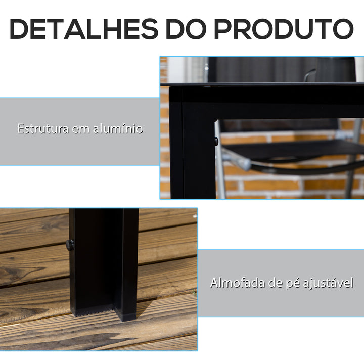 Mesa de Jardim Retangular para 6 Pessoas Mesa de Jantar Exterior com Estrutura de Alumínio e Bancada de Vidro Temperado Carga 50 kg para Terraço Varanda 150x90x74 cm Preto