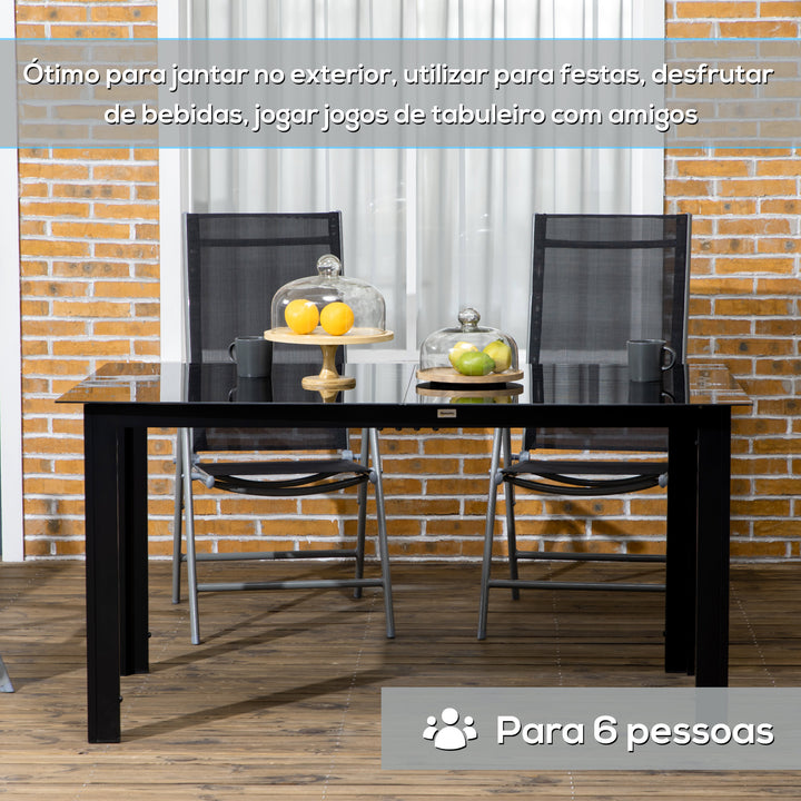 Mesa de Jardim Retangular para 6 Pessoas Mesa de Jantar Exterior com Estrutura de Alumínio e Bancada de Vidro Temperado Carga 50 kg para Terraço Varanda 150x90x74 cm Preto