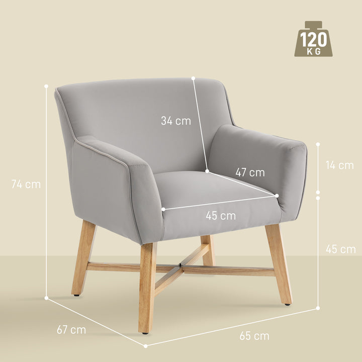 Poltrona de Sala de Estar Estofada em Veludo Poltrona Relax Moderna com Apoio para os Braços Acolchoados Pés de Madeira e Base Cruzada para Dormitório 67x65x74 cm Cinzento