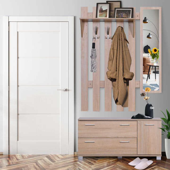 Móvel Cabide de Entrada com Espelho Ganchos e Sapateira Móvel de Entrada com 3 Ganchos Prateleira e 2 Gavetas para Corredor Carvalho
