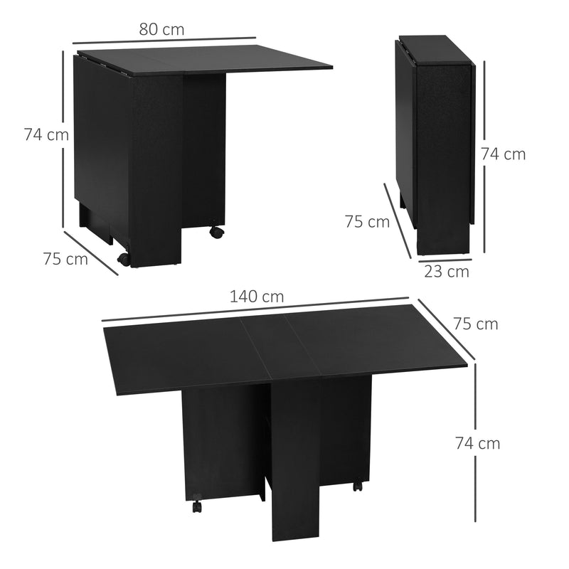 Mesa de Cozinha Dobrável Mesa de Madeira com 2 Prateleiras de Armazenamento e Laterais Dobráveis Estilo Moderno para Sala de Estar 75x140x74 cm Preto