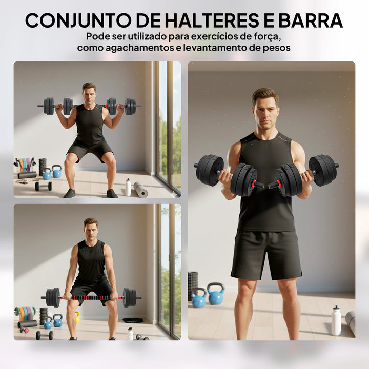 Conjunto de halteres 2 em 1 25 kg com barra ajustável Treinamento de força e levantamento de peso para ginasio preto