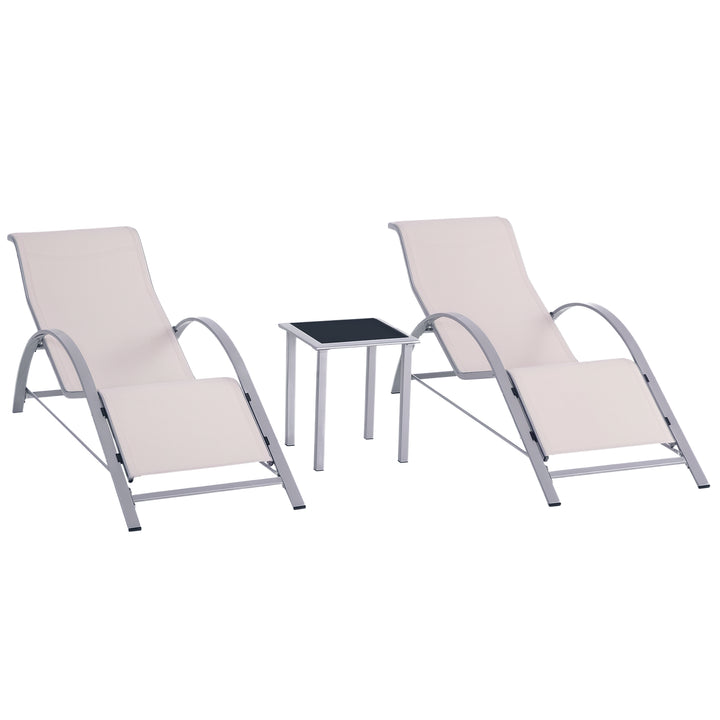 2 Espreguiçadeiras de Jardim 59x169x66 cm com Mesa 41x41x45 cm Vidro Temperado Apoio de Braços para Pátio Piscina varanda Bege