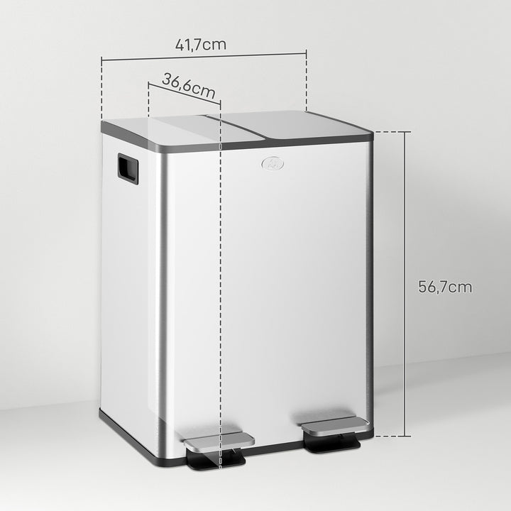 Balde de Lixo de Cozinha com 2 Compartimentos 2x20L Cubo de Lixo de Aço Inoxidável com Pedal Tampa de Fechamento Suave e Cubo Amovível para Escritório Cozinha Prata