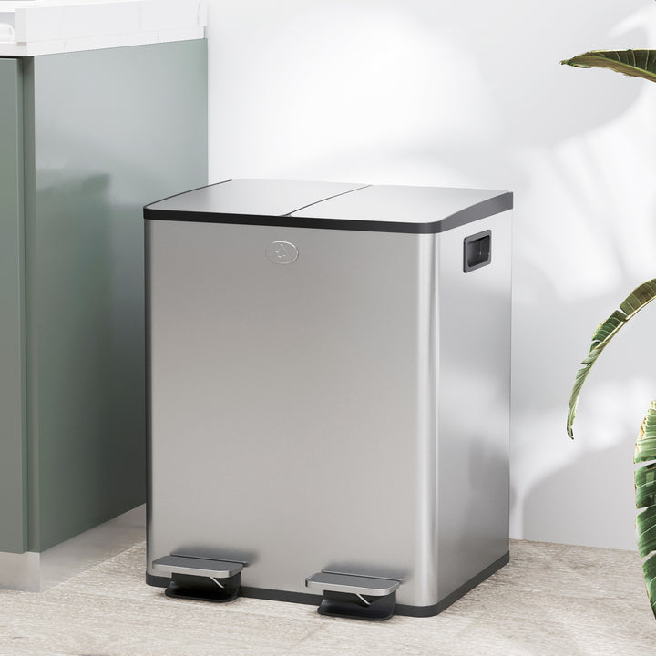 Balde de Lixo de Cozinha com 2 Compartimentos 2x20L Cubo de Lixo de Aço Inoxidável com Pedal Tampa de Fechamento Suave e Cubo Amovível para Escritório Cozinha Prata