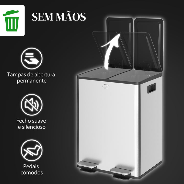 Balde de Lixo de Cozinha com 2 Compartimentos 2x20L Cubo de Lixo de Aço Inoxidável com Pedal Tampa de Fechamento Suave e Cubo Amovível para Escritório Cozinha Prata