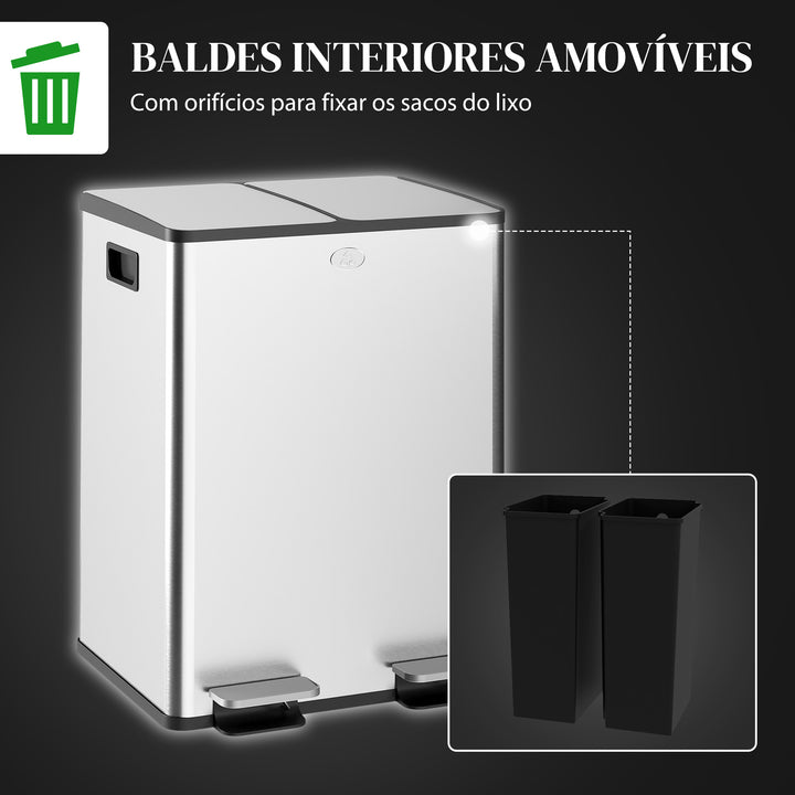 Balde de Lixo de Cozinha com 2 Compartimentos 2x20L Cubo de Lixo de Aço Inoxidável com Pedal Tampa de Fechamento Suave e Cubo Amovível para Escritório Cozinha Prata