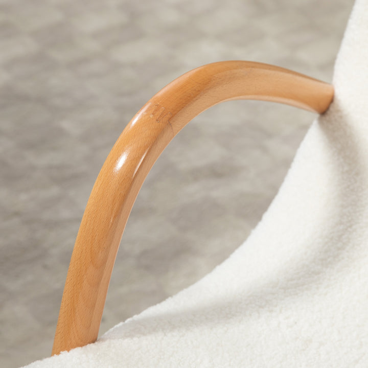 Poltrona Baloiço Moderna Poltrona Sala de Estar Estofada em Lã com Apoio para os Braços e Pés de Madeira Carga 120 kg Poltrona Relax para Sala de Estar Dormitório 60x93x86 cm Branco e Madeira