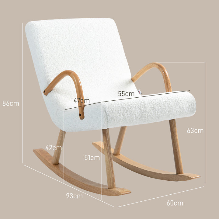 Poltrona Baloiço Moderna Poltrona Sala de Estar Estofada em Lã com Apoio para os Braços e Pés de Madeira Carga 120 kg Poltrona Relax para Sala de Estar Dormitório 60x93x86 cm Branco e Madeira