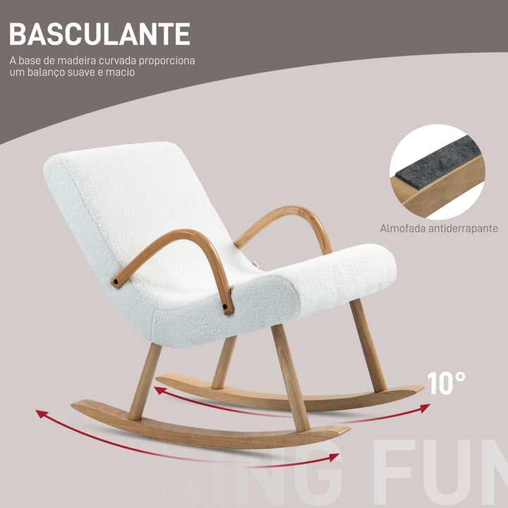 Poltrona Baloiço Moderna Poltrona Sala de Estar Estofada em Lã com Apoio para os Braços e Pés de Madeira Carga 120 kg Poltrona Relax para Sala de Estar Dormitório 60x93x86 cm Branco e Madeira