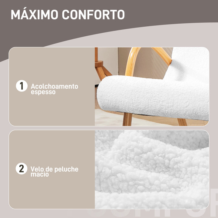 Poltrona Baloiço Moderna Poltrona Sala de Estar Estofada em Lã com Apoio para os Braços e Pés de Madeira Carga 120 kg Poltrona Relax para Sala de Estar Dormitório 60x93x86 cm Branco e Madeira