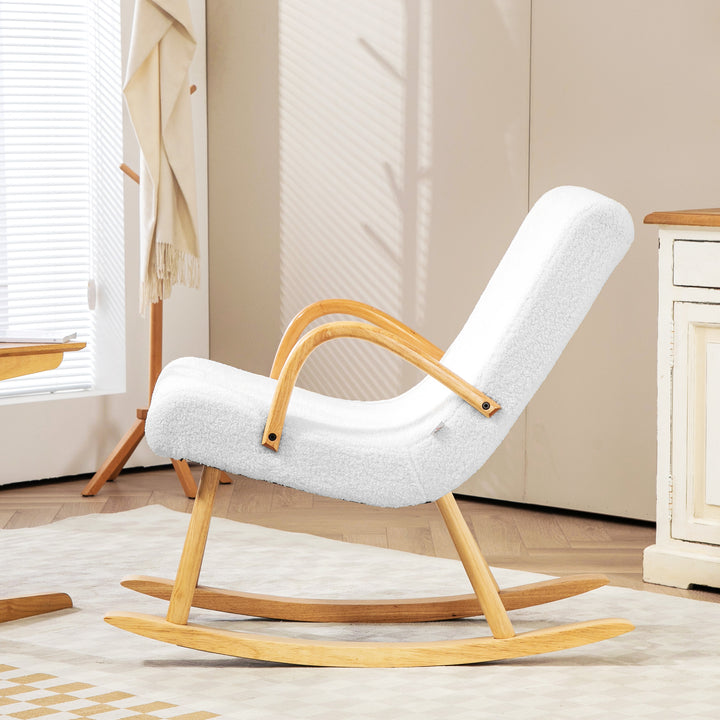 Poltrona Baloiço Moderna Poltrona Sala de Estar Estofada em Lã com Apoio para os Braços e Pés de Madeira Carga 120 kg Poltrona Relax para Sala de Estar Dormitório 60x93x86 cm Branco e Madeira