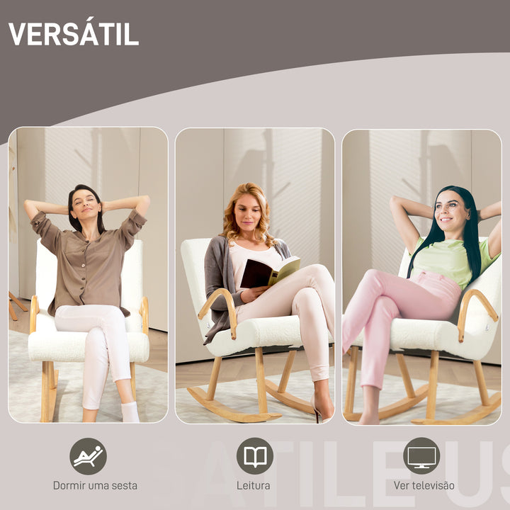 Poltrona Baloiço Moderna Poltrona Sala de Estar Estofada em Lã com Apoio para os Braços e Pés de Madeira Carga 120 kg Poltrona Relax para Sala de Estar Dormitório 60x93x86 cm Branco e Madeira