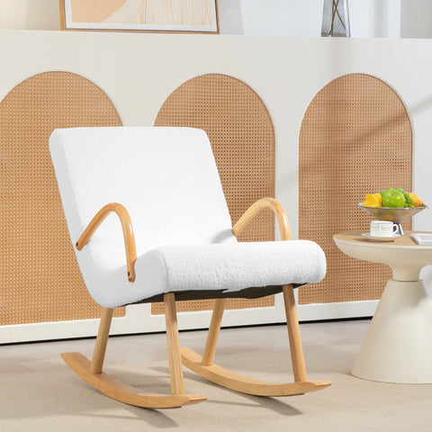 Poltrona Baloiço Moderna Poltrona Sala de Estar Estofada em Lã com Apoio para os Braços e Pés de Madeira Carga 120 kg Poltrona Relax para Sala de Estar Dormitório 60x93x86 cm Branco e Madeira