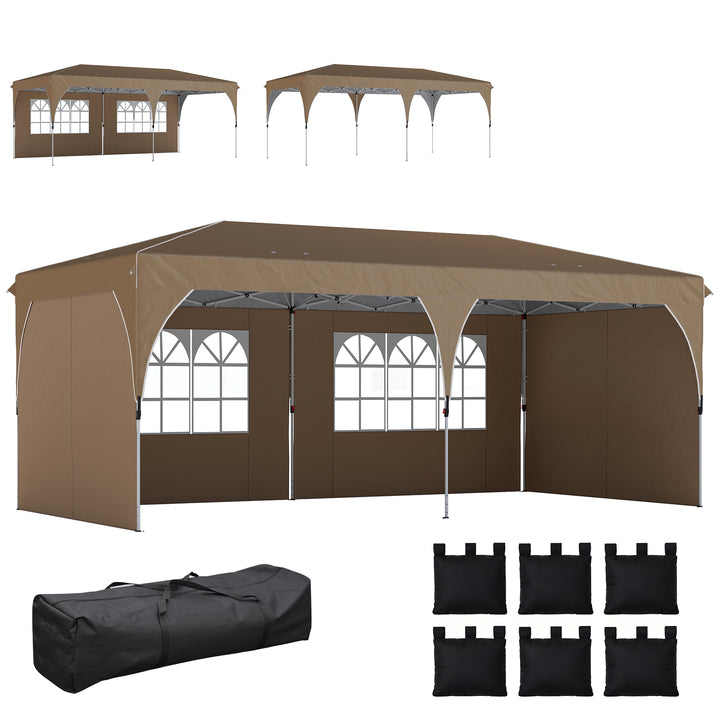 Tenda Dobrável 6x3 m Pop-up com 4 Laterais Amovíveis Tenda de Jardim com Faixas Refletoras Altura Ajustável Sistema Central de Bloqueio UPF50+ Impermeável Bolsa de Transporte Bege