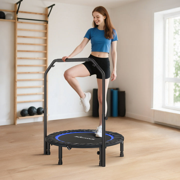 Trampolim de Fitness Ø102 cm Trampolim Dobrável com Guiador Ajustável de 4 Níveis e Bandas para Treino de Pernas e Corpo em Casa Escritório Ginásio e Exterior Carga 150 kg Azul